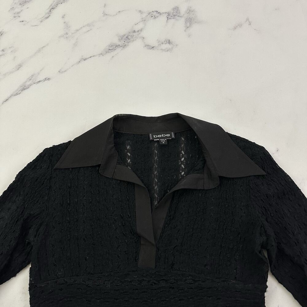 Bebe Womens Vintage Y2k Lace Top Size M Black Sheer Collared 3/4 Sleeve - Picture 2 of 12